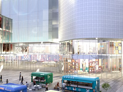 Modern Commercial Street With Glass Curtain Wall Buildings Outdoor Plaza Food Trucks And Pedestrians 3d model