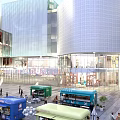 Modern Commercial Street With Glass Curtain Wall Buildings Outdoor Plaza Food Trucks And Pedestrians