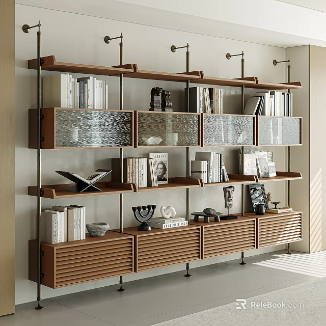 Modern Wooden Storage Shelf Unit With Multi tiered Open Shelves Glass Doors And Decorative Items 3d model 