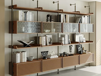 Modern Wooden Storage Shelf Unit With Multi tiered Open Shelves Glass Doors And Decorative Items 3d model