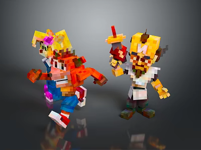 Pixel Art Game and Movie Characters in Colorful Dynamic Poses with Orange and Yellow Outfits 3d model