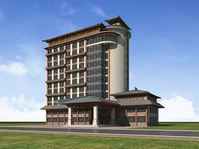 Chinese Traditional Style Multi Story Office Building With Classic Roof And Grassland Entrance 3d model