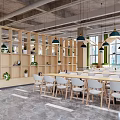 Modern Dining Space Interior With Wooden Frames White Chairs Green Plants And Pendant Lights