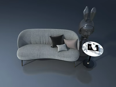 Modern Rabbit Sculpture In Interior With Gray Sofa Pillows And Round Table 3d model