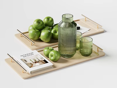 Minimalist Decorative Ornament Set With Wooden Trays Green Apples Vase Glasses And Interior Magazine 3d model