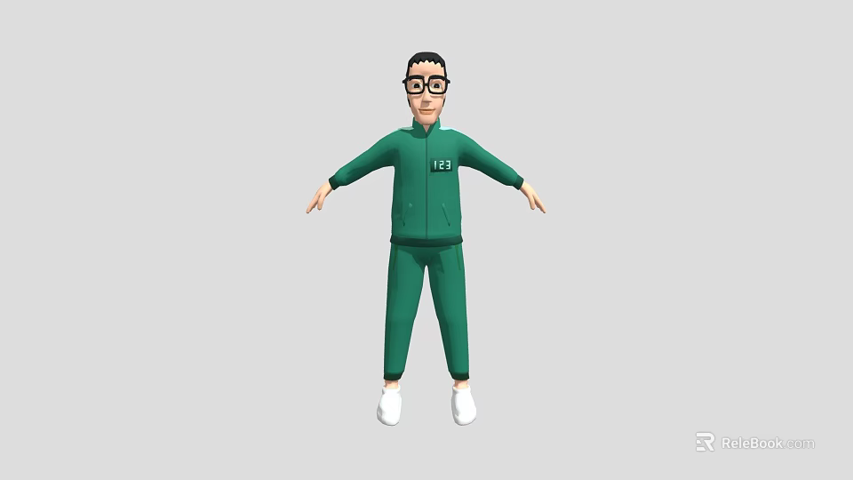3D Character Wearing Green Hoodie Green Pants And White Shoes With Glasses On Grey Background 3d model 
