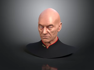 Realistic 3D Male Bust With Bald Head Black Uniform Red Collar And Golden Insignia 3d model