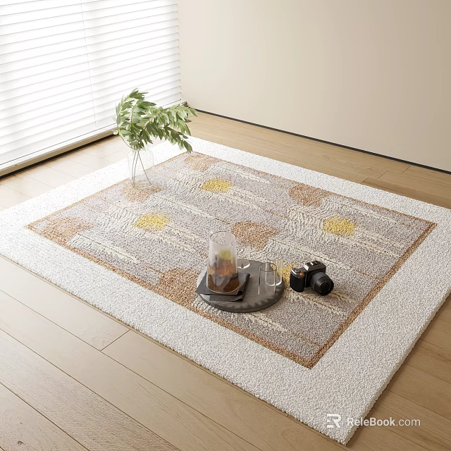 Square Rug on Wooden Floor with Tray Cup Black Items Green Plant and Blinds Nearby 3d model 