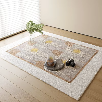 Square Rug on Wooden Floor with Tray Cup Black Items Green Plant and Blinds Nearby 3d model