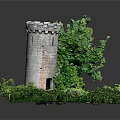 Medieval Stone Tower Model With Lush Green Vegetation And Stone Archway Details