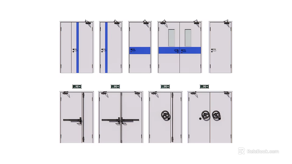 Various Door Designs With Blue Stripes Black Lines And Circular Decorations 3d model 
