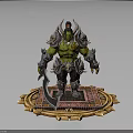 Armored Orc Warrior Character With Curved Blade On Decorative Totem Platform