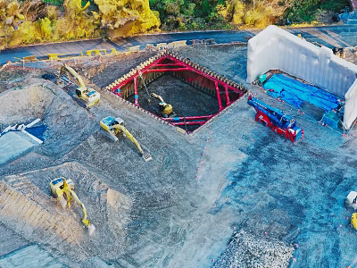 Construction Site Aerial View With Multiple Excavators And Foundation Metal Frame Structures 3d model