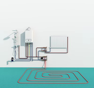 Efficient Heating Pipes System With Water Heater Shower Unit Radiator And Underfloor Coils 3d model