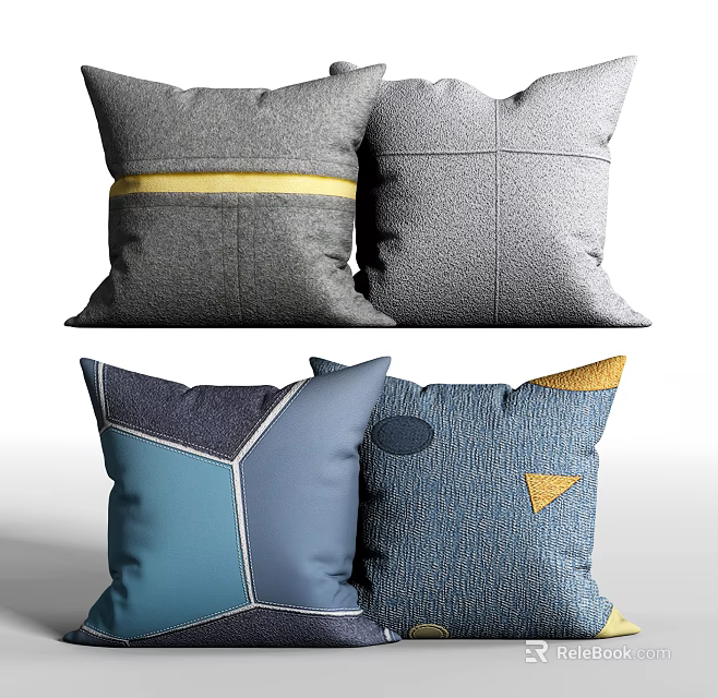 Decorative Gray Blue Navy Yellow Pillows With Geometric Stripe Patterns And Design Elements 3d model