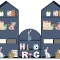 Blue Decorative Cabinets With Rabbit Figurines Books Mini House Models And Potted Plants