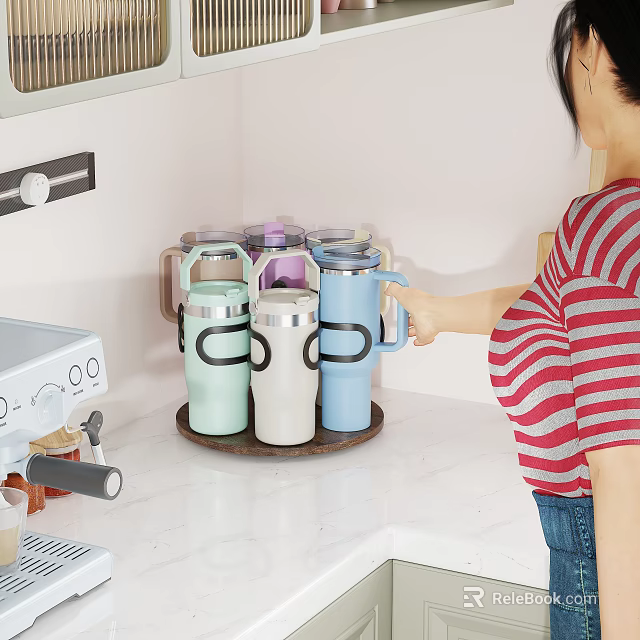 Woman Taking Colorful Insulated Mugs From Rotating Tray On Kitchen Counter 3d model 