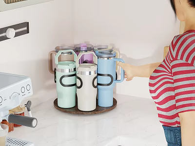 Woman Taking Colorful Insulated Mugs From Rotating Tray On Kitchen Counter 3d model