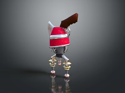 Red And Silver Mechanical Weapon With Wooden Handle And Gold Base Decorations 3d model