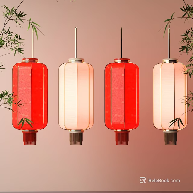 Traditional Red and White Hanging Lanterns With Decorative Bamboo Leaves 3d model 