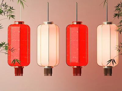 Traditional Red and White Hanging Lanterns With Decorative Bamboo Leaves 3d model