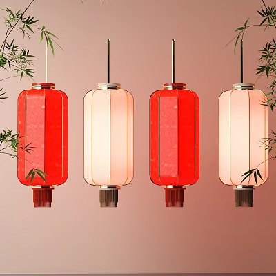 Traditional Red and White Hanging Lanterns With Decorative Bamboo Leaves 3d model