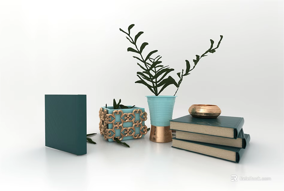 Elegant Decorative Ornament Set With Stacked Books Green Vase Plant Woven Basket And Metal Tray 3d model 