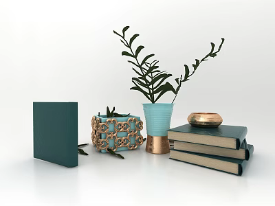 Elegant Decorative Ornament Set With Stacked Books Green Vase Plant Woven Basket And Metal Tray 3d model