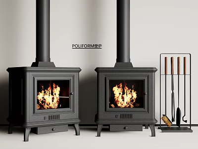 Two Black Freestanding Fireplaces With Burning Flames And Fireplace Tools Set 3d model