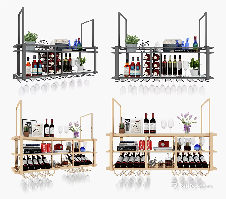 Stylish Modern Wine Racks With Wine Bottles Glasses Plants And Decorative Items 3d model 
