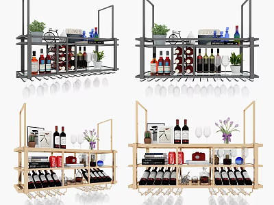 Stylish Modern Wine Racks With Wine Bottles Glasses Plants And Decorative Items 3d model