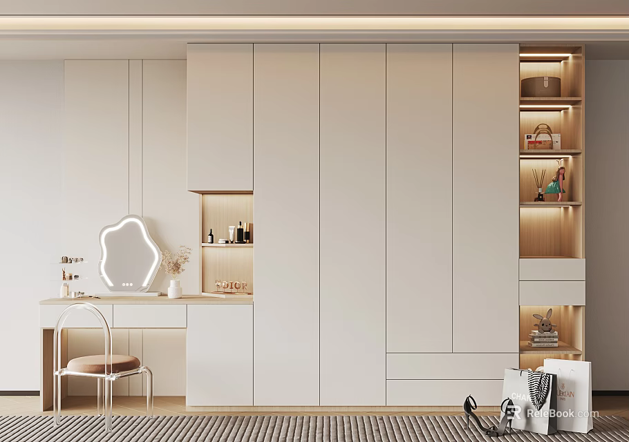 Modern White Wardrobe Interior With Dressing Table Mirror And Open Storage Shelves 3d model