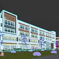 Modern School Building With Red Brick White Exterior Large Windows Lawn Shrubs And Trees