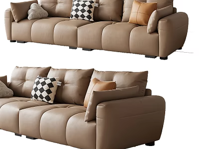 Modern Brown Leather Sectional Sofa with Plaid and Neutral Decorative Pillows 3d model