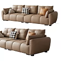 Modern Brown Leather Sectional Sofa with Plaid and Neutral Decorative Pillows