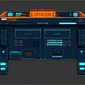 Futuristic Sci Fi Workstation with Glowing Blue Orange Lights Control Panel Display and Drawers