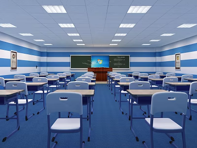 School Classroom With Blue Floor White Ceiling Desks Chairs Blackboard And Decorative Paintings 3d model