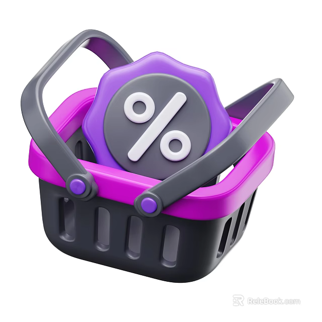 Decorative Ornament Set With Purple Pink Shopping Basket And Percentage Badge For Home Decor 3d model 