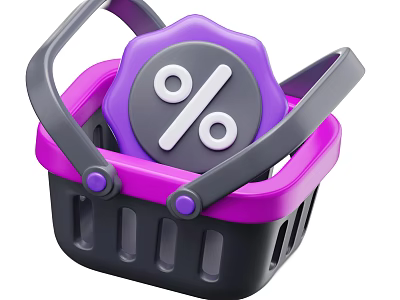 Decorative Ornament Set With Purple Pink Shopping Basket And Percentage Badge For Home Decor 3d model