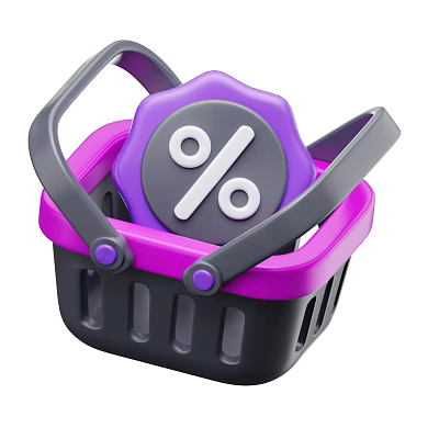 Decorative Ornament Set With Purple Pink Shopping Basket And Percentage Badge For Home Decor 3d model