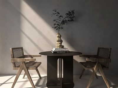 Round Black Table With Rattan Wooden Chairs And Vase On Gray Wall Sunlight Setting 3d model