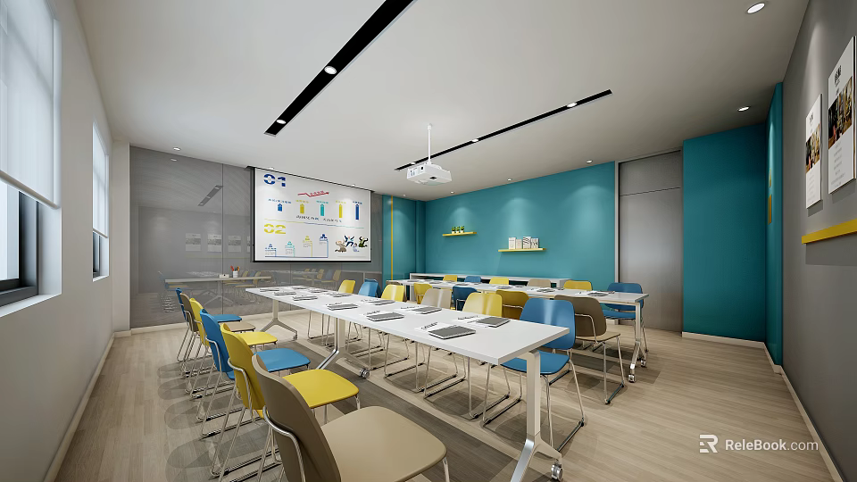 Modern Meeting Room Interior With Long Table Colorful Chairs Projection Screen And Blue Walls 3d model 