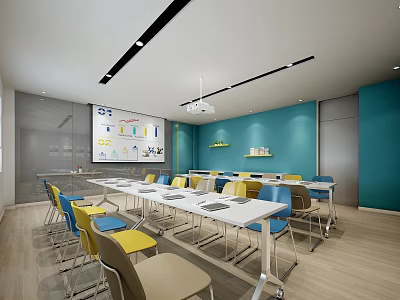 Modern Meeting Room Interior With Long Table Colorful Chairs Projection Screen And Blue Walls 3d model