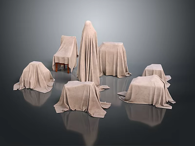 Covered Furniture Display With Various Shapes And Sizes On Dark Background 3d model