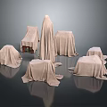 Covered Furniture Display With Various Shapes And Sizes On Dark Background