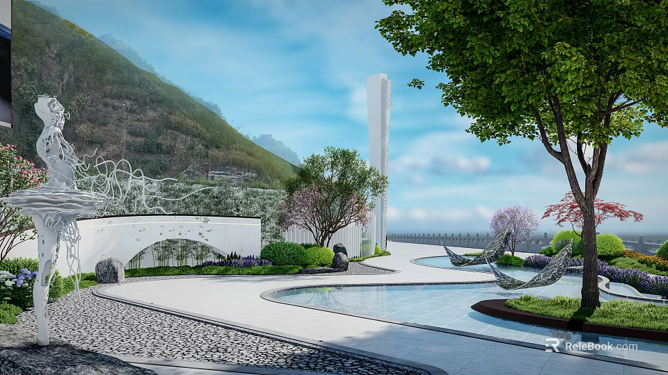 Modern Sales Office Building With Mountain View Blue Sky And Landscaped Pool Area 3d model 