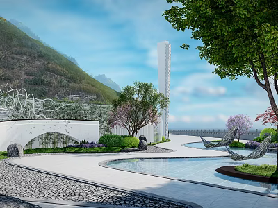 Modern Sales Office Building With Mountain View Blue Sky And Landscaped Pool Area 3d model