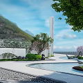 Modern Sales Office Building With Mountain View Blue Sky And Landscaped Pool Area
