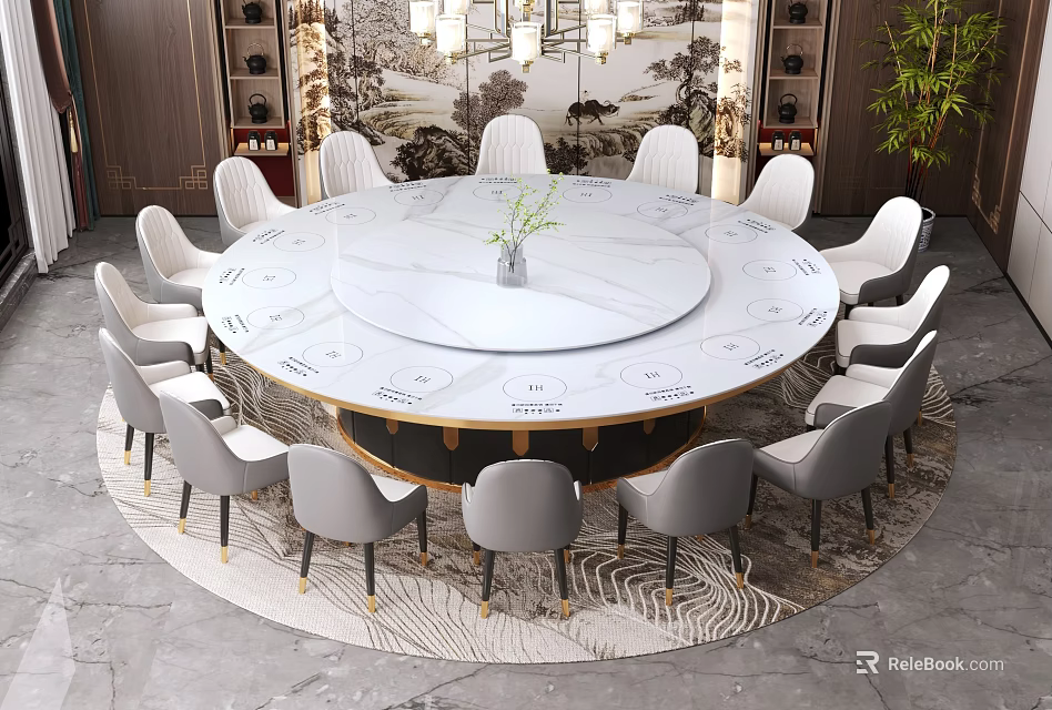 Banquet Hall With Round Marble Dining Table White Chairs Decorative Wall Painting Carpet And Green Plant 3d model 