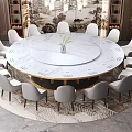 Banquet Hall With Round Marble Dining Table White Chairs Decorative Wall Painting Carpet And Green Plant